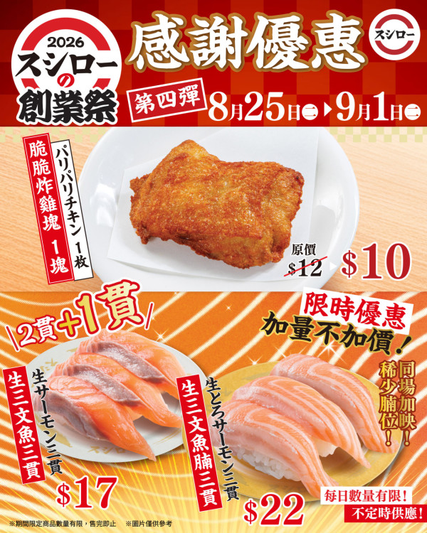 壽司郎$17三文魚三貫回歸+$22稀少腩位生三文魚腩三貫+人氣炸雞減至 $10