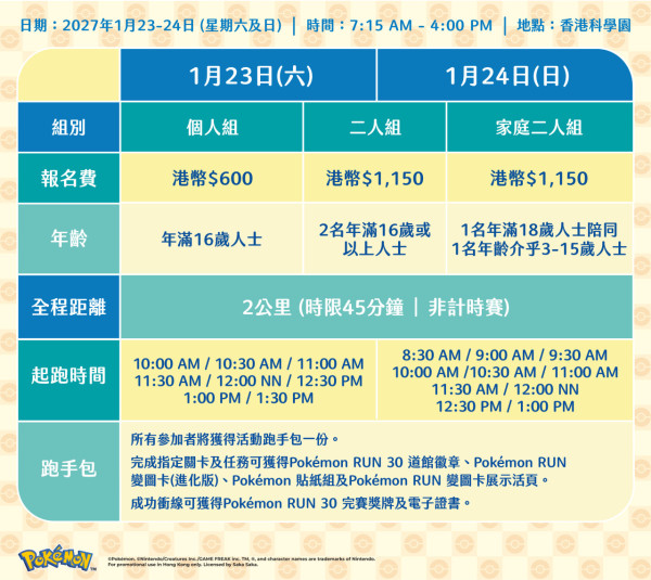 Pokemon RUN 30 香港站 27年1月開跑!自選屬性號碼布 選手包送T恤/精靈球電話套!附報名方法
