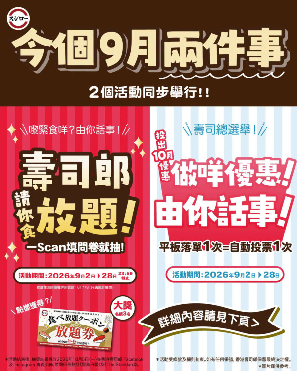 壽司郎免費贏取壽司郎雙人放題券/$500優惠券 10月減價壽司由你話事（附抽獎教學）