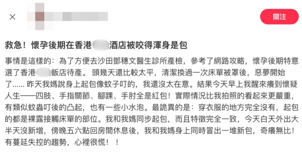 沙田酒店疑爆床蝨！孕婦花3.7萬長租咬到起水泡 經理稱過敏事主求診證蝨咬