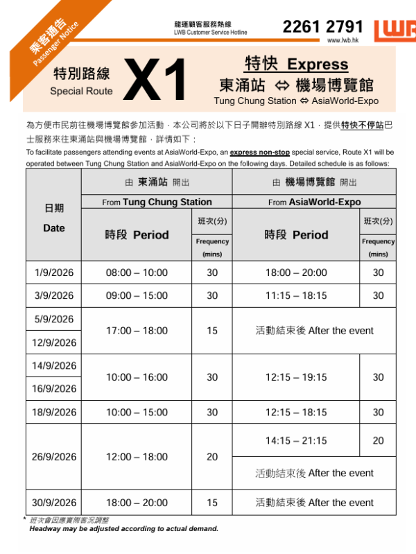 去亞博睇Show散場免排長龍！龍運9月加開5條特快線直達東 附特快路線+時間表