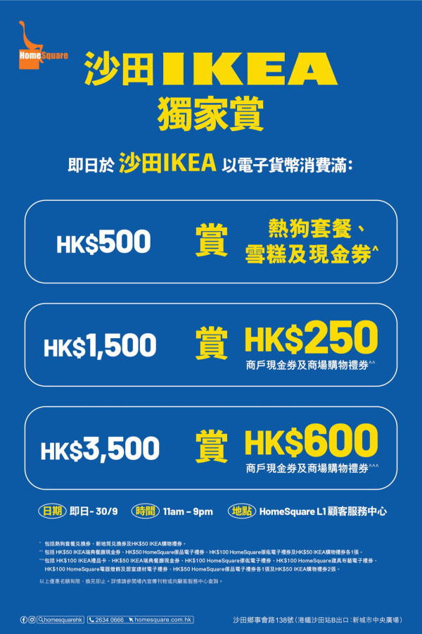 傢俬優惠｜沙田HomeSquare聯乘IKEA送$600現金券 即睇3大門檻/換領詳情