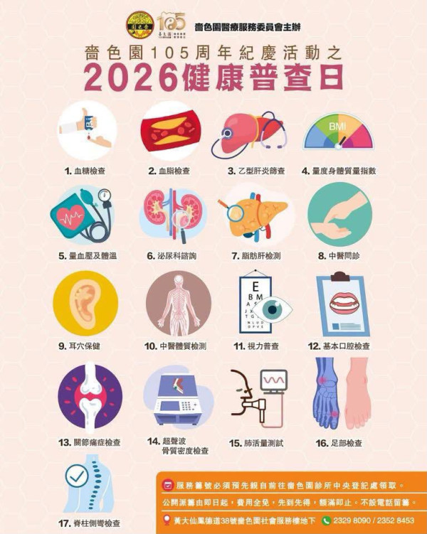 嗇色園健康普查日一連三日免費檢查！涵蓋中醫問診/口腔檢查/超聲波骨質密度檢查