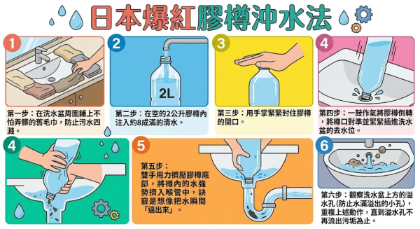 洗手盆去水位清潔神招！日本爆紅膠樽沖水法 6步深層洗淨排水管！無需清潔劑 輕鬆沖走污垢