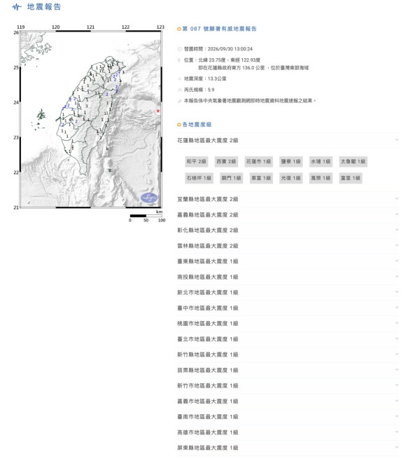 台灣花蓮外海發生5.9級淺層地震 全台多縣市有感 台北錄得1級震度