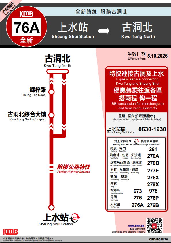 九巴首条古洞北路线76A开通!10月5日启航 $4.9特快直达上水站享转乘优惠
