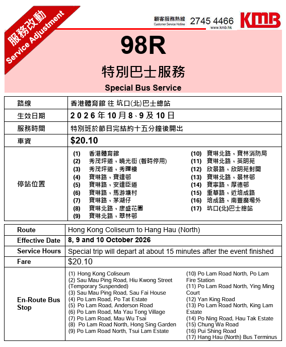 红馆许志安演唱会2026｜九巴特设11条特别巴士线！最快散场15分钟开出