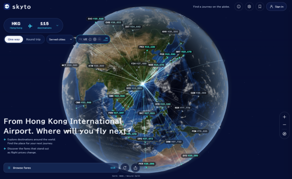 旅遊搵平機票有新招！《Skyto.ai》將全球票價貼上 3D 地球儀　香港出發教你一鍵搜尋