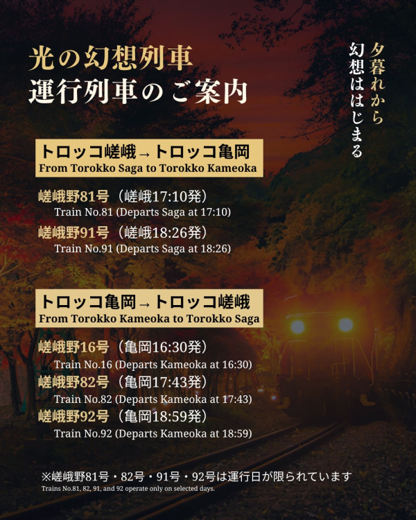 圖片來源:sagano-kanko.co.jp 京都紅葉2026|嵐山嵯峨野小火車「光之幻想列車」10.24登場!現役舊車款年底退役