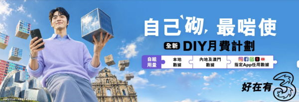 香港電訊商震撼價！3香港DIY月費計劃$48入門 加購10GB只要$10 免行政費爽用5G高速網絡