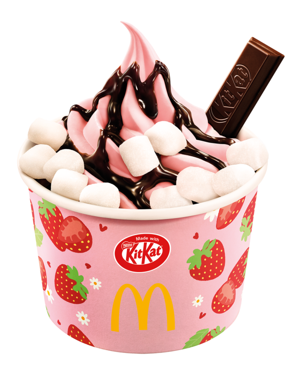 麥當勞KITKAT®福岡草莓威化味新地系列登場！$8士多啤梨新地筒／$17 KITKAT草莓芭菲