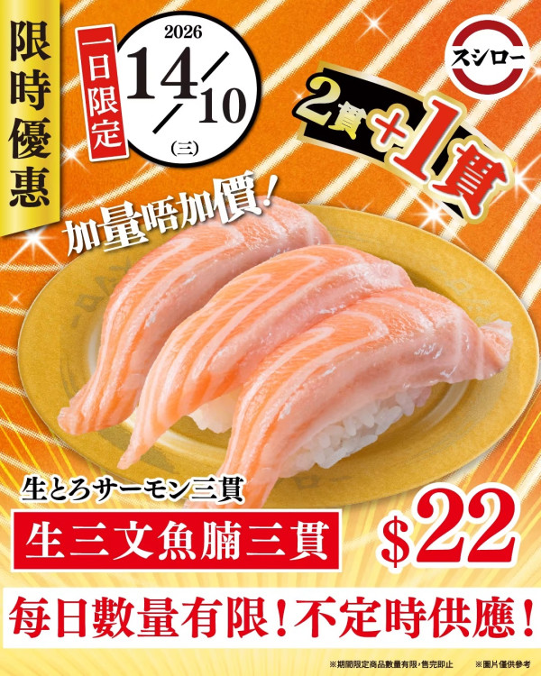 壽司郎1日快閃激減！$22歎極肥美生三文魚腩三貫   