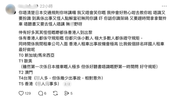 圖片來源:Threads@ka_lok_10 在日港人租車職員Threads力數香港遊客4宗罪!唔識自動波轉波都租車?租車客排名香港慘包尾