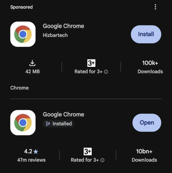 排名竟高過正版！？Play Store 驚現假 Google Chrome 憑 2 招令下載量驚人破 10 萬