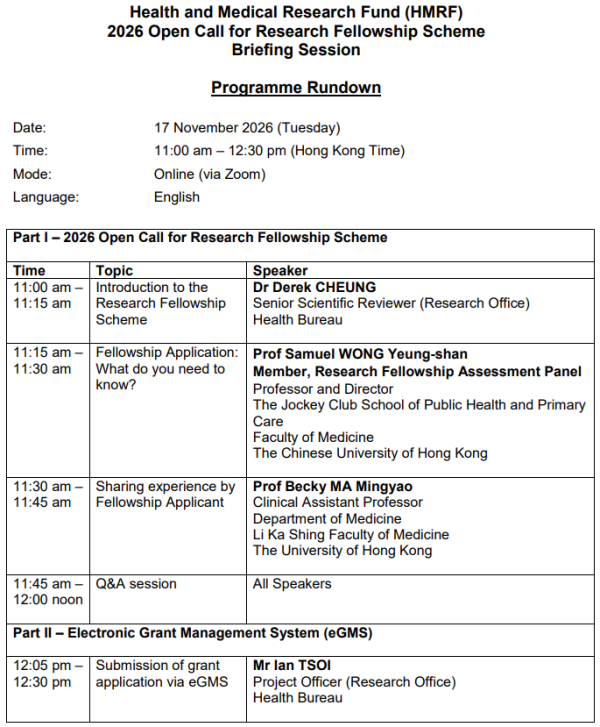 研究奖学金计划简介会2026(图片来源:医务卫生局研究基金秘书处)
