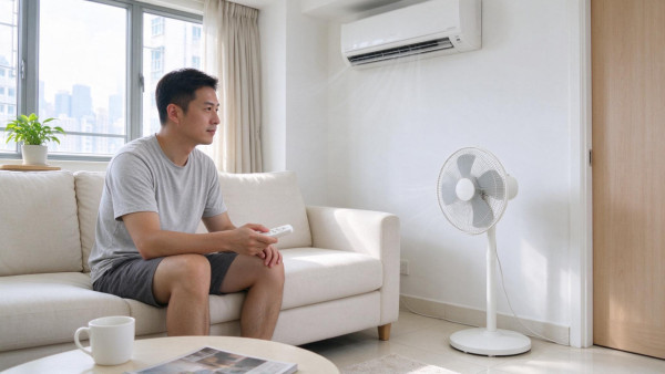 客廳風扇朝沙發送風,使用者調整冷氣遙控器