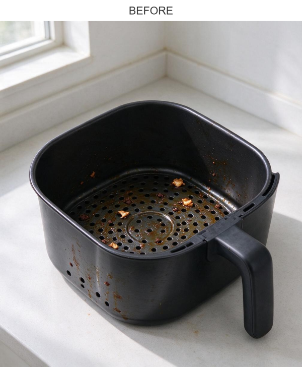 氣炸鍋炸籃黏附油污及食物殘渣的示意