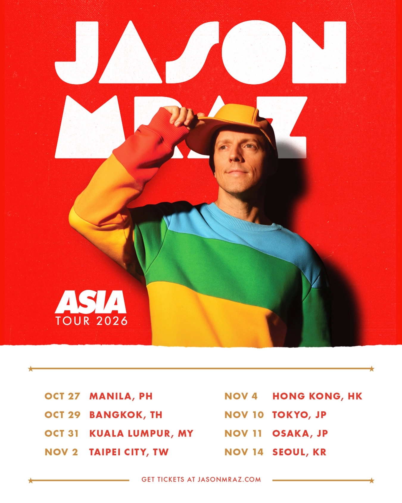 Jason Mraz演唱會 | Jason Mraz﻿ 亞洲巡迴演唱會 2026 香港站優先購票/公開發售日期/票價/場地/座位表一覽