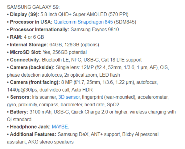 Samsung S9設計及規格全面曝光