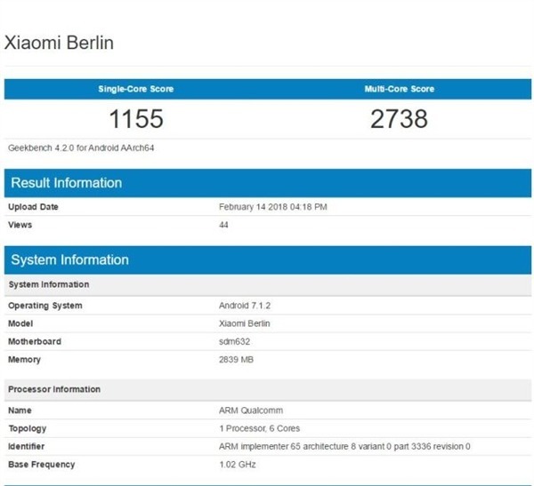 小米 Berlin 新機曝光！使用 Snapdragon 632 晶片！