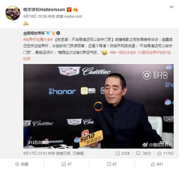 世界盃冰島門將荷杜臣學玩微博！任導演望與中國名導合作？