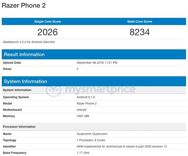 Razer Phone 2 跑分流出 用上 S845 處理器配 8GB RAM
