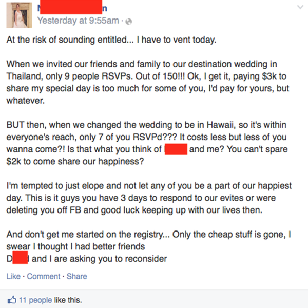 新娘逼親友自費飛泰國參加婚禮！否則 FB「Unfriend」朋友