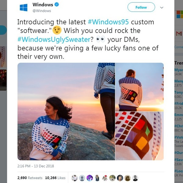 Microsoft 推 Windows 95 記念毛衣　復古設計受網民歡迎