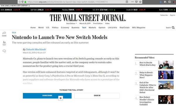華爾街日報爆料 Switch有2款新型號
