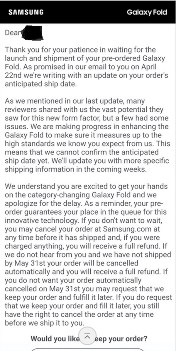 Samsung 為 Galaxy Fold 尚未有確實出貨日期致歉