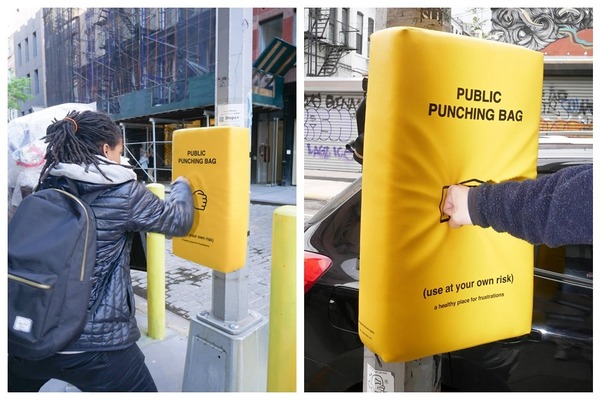 美國紐約街頭設「公眾出氣袋」供路人捶打發泄