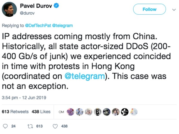 Telegram 遭受強大 DDoS 攻擊！ CEO：時間與香港反逃犯條例示威吻合