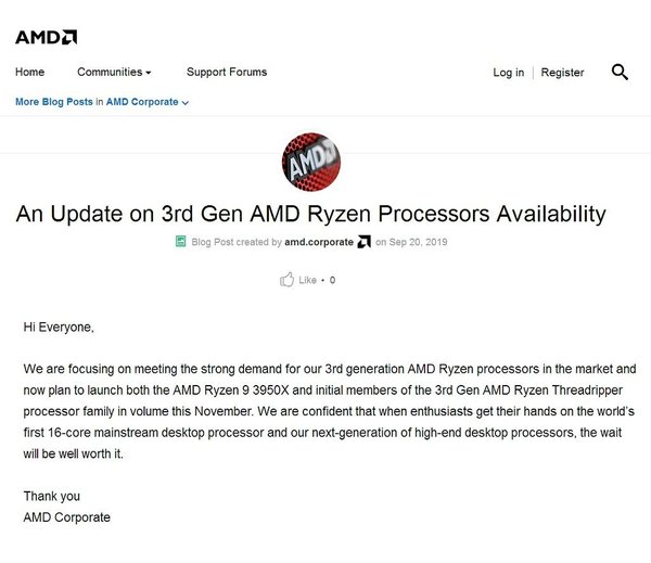 AMD 十六核心 Ryzen 9 3950X 延期！11 月才上市