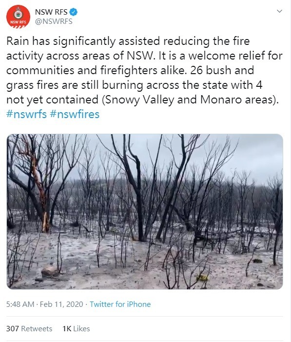 澳洲連場大雨發揮效用！新南威爾斯州山火有望本週內受控