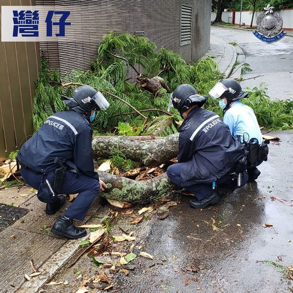 颱風下香港警察搬樹移除雜物  影相放 Facebook 打卡？