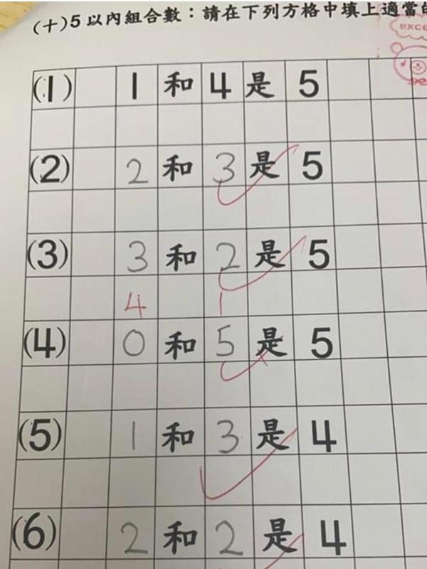 【功課難題】K3 女童數學功課被打交叉  母親反問「5＋0=5」為何錯？