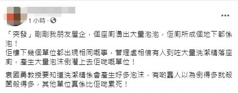 疑倒大量洗潔精落坐廁防疫  致下層單位倒灌大量泡沫？