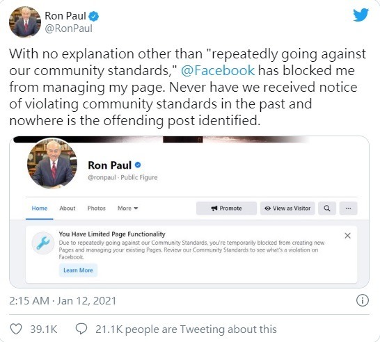 FB 封鎖前美國總統候選人 Ron Paul！曾批評特朗普被鎖不公