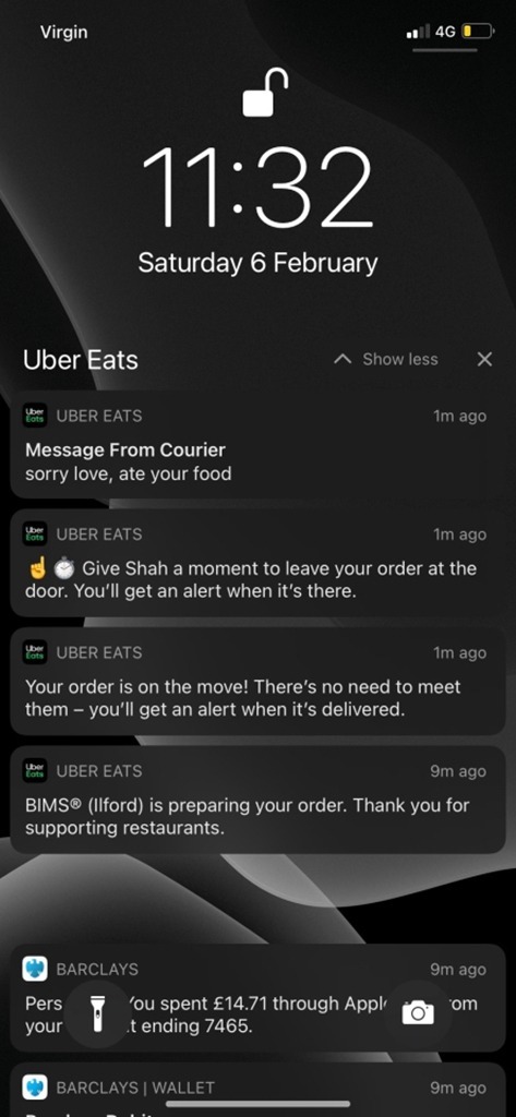 Uber Eats 外賣員傳訊「對不起吃掉你的食物」 顧客稱對方太餓不追究