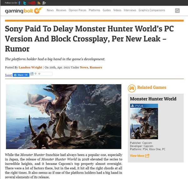 Sony Paid To Delay Monster Hunter World's PC Version And Block Crossplay,  Per New Leak – Rumor