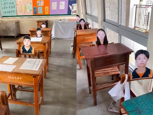 老師視像教學不習慣無學生 打印同學照片貼滿座位