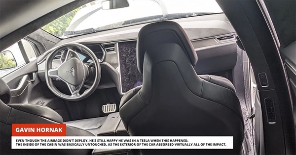 【恐怖車禍】Tesla Model X 遭貨車夾成三文治 幸好車身仍堅挺 ! 但奇在安全氣袋失靈