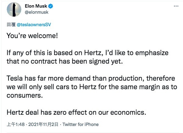 Hertz 訂 10 萬部 Tesla 隨口噏？ 馬斯克反高潮指：未簽約
