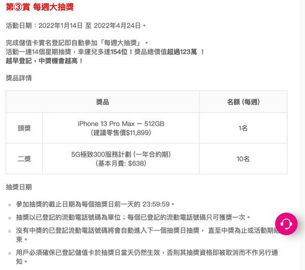 搶先實名登記儲值卡 抽 iPhone 13 Pro Max 兼送數據儲值額