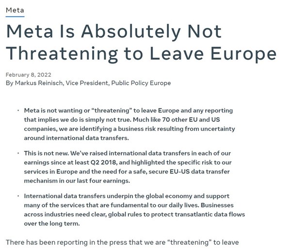 Meta 官方急發聲明澄清！絕對沒有威脅撤離歐洲！
