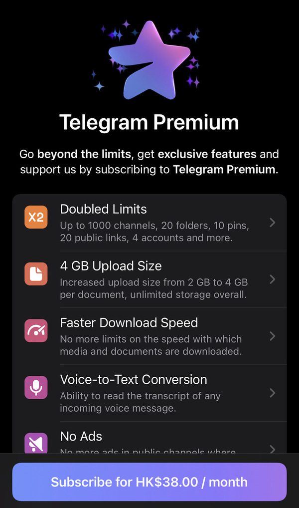 Telegram 付費版推出更多新功能！月費只需 HK$38 即可享用