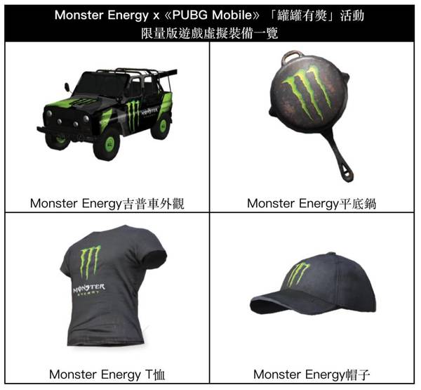 Monster Energy x PUBG Mobile 聯乘特別版食雞遊戲裝備