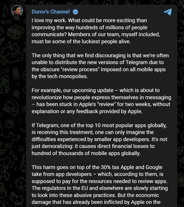 Telegram CEO 投訴 Apple！故意拖慢重點更新上架！