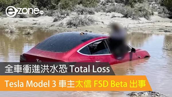 Tesla Model 3 車主太信 FSD Beta 出事 全車衝進洪水恐 Total Loss