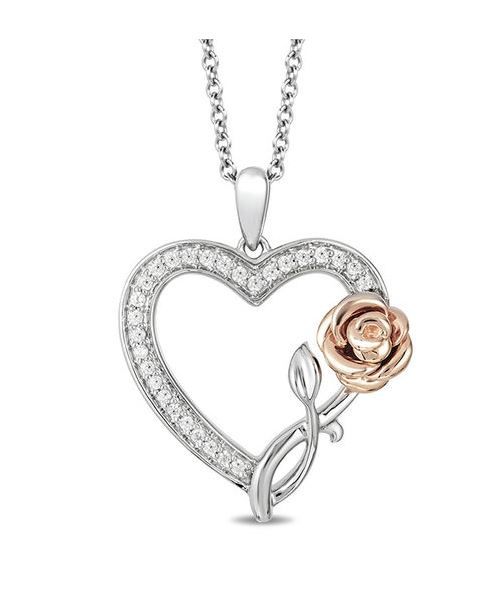 Enchanted Disney Belle 1/6 CT. T.W. Diamond Rose and Heart Pendant in Sterling Silver and 10K Rose Gold - 19"